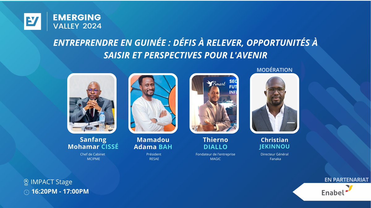 emergingvalley's tweet photo. 💡Entreprendre en Guinée : défis à relever, opportunités à saisir et perspectives pour l'avenir, c'est tout de suite sur l'Impact Stage d'#EV2024, en partenariat avec Enabel ! 🚀 https://t.co/zkCMCXr3Ep