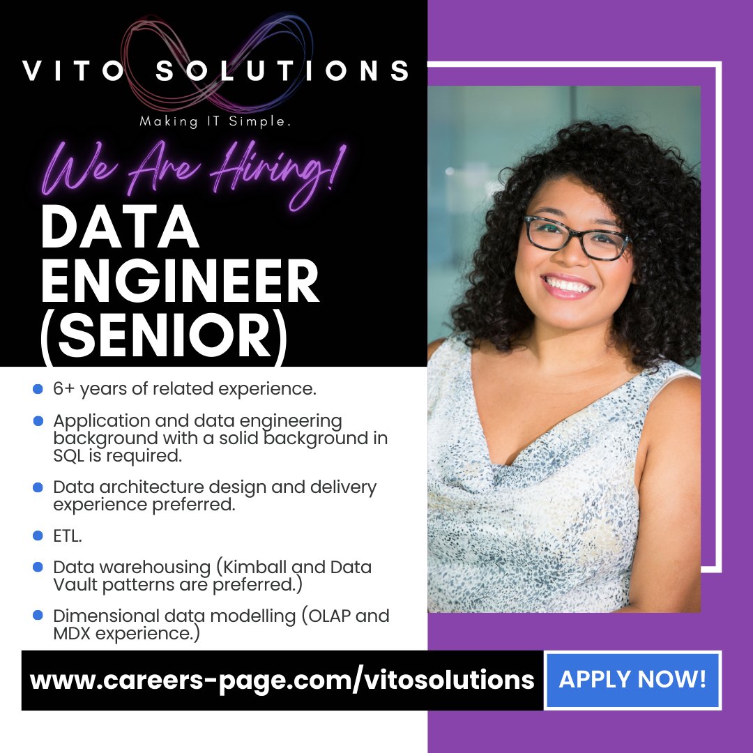 vitosolutions's tweet photo. WE’RE HIRING❗ 
🌟 DATA ENGINEER (SENIOR) 🌟

➡️ 12-month contract
➡️ Cape Town, hybrid

🦄 Apply here: 👇
https://t.co/rSN4PNJIcq
  
Share with anyone who might be interested! 😃

https://t.co/lx02MGrhGS
#StrongerTogether #ITjobs #Hiring https://t.co/4qzadQDBVM
