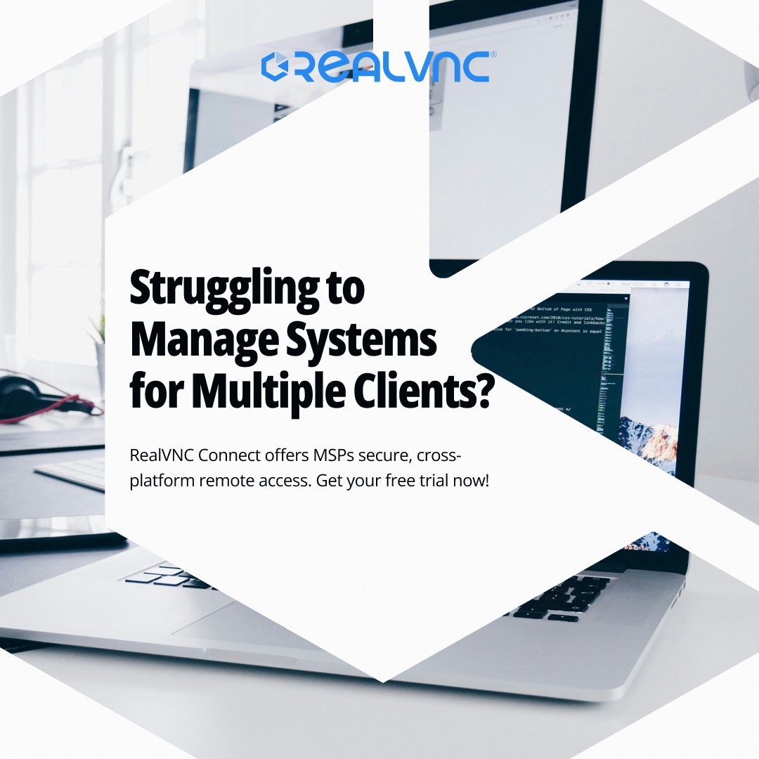 RealVNC's tweet image. Struggling to manage IT systems for multiple clients? RealVNC Connect offers secure, cross-platform remote access, empowering MSPs to keep an eye on everything seamlessly and securely. 

Start your free trial today!
bit.ly/3r1fYQH 

#MSP #RemoteAccess #RealVNC