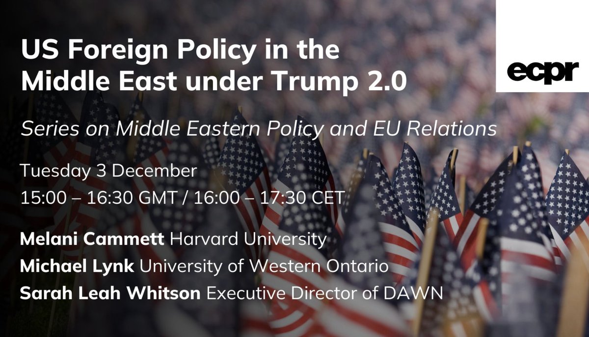 DAWN MENA (@dawnmenaorg) on Twitter photo Live now: <a href="/ECPR/">European Consortium for Political Research</a> presents, "US Foreign Policy in the Middle East under Trump 2.0"
With DAWN's <a href="/sarahleah1/">Sarah Leah Whitson</a>, DAWN fellow <a href="/MichaelLynk5/">Michael Lynk</a> and <a href="/MelaniCammett/">Melani Cammett</a>
Event information: ecpr.eu/Events/Event/P… Live now: <a href="/ECPR/">European Consortium for Political Research</a> presents, "US Foreign Policy in the Middle East under Trump 2.0"
With DAWN's <a href="/sarahleah1/">Sarah Leah Whitson</a>, DAWN fellow <a href="/MichaelLynk5/">Michael Lynk</a> and <a href="/MelaniCammett/">Melani Cammett</a>
Event information: ecpr.eu/Events/Event/P…