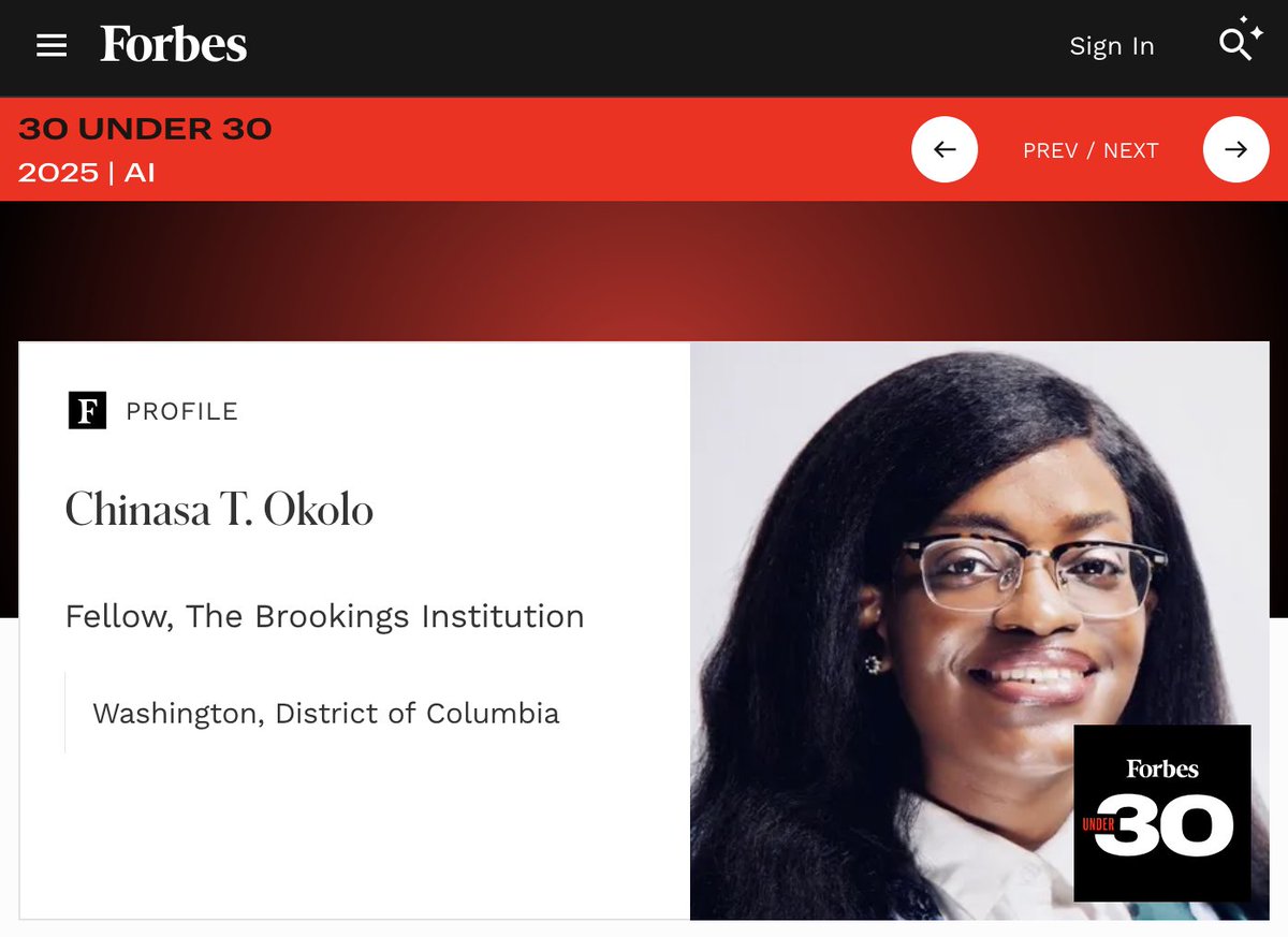 I’m honored to be a member of the <a href="/Forbes/">Forbes</a> Under 30 Class of 2025 and an honoree within the inaugural AI category!

I’m grateful to my community and am even more thankful to have the opportunity to work daily towards improving global equity in AI.

forbes.com/profile/chinas…
