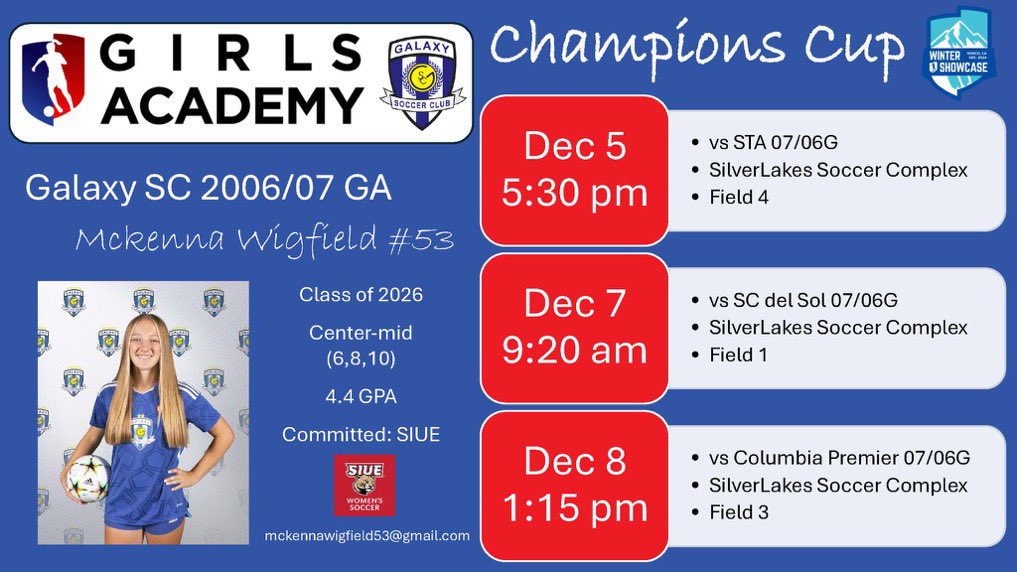 Mckenna Wigfield 2026 ⚽️ (@wigfieldmckenna) on Twitter photo I’m so excited to be playing in GA Champions Cup in CA this week!
<a href="/GAcademyLeague/">Girls Academy</a> <a href="/GalaxySCIL/">Galaxy Soccer Club</a> <a href="/galaxy0607GA/">Galaxy SC 2006/07 GA</a> <a href="/ImYouthSoccer/">ECNL/GA/Recruiting/College Soccer</a> <a href="/ImCollegeSoccer/">College Soccer Truth ™</a> <a href="/TopDrawerSoccer/">TopDrawerSoccer</a> <a href="/TheSoccerWire/">SoccerWire</a> <a href="/PrepSoccer/">Prep Soccer ⚽️</a> I’m so excited to be playing in GA Champions Cup in CA this week!
<a href="/GAcademyLeague/">Girls Academy</a> <a href="/GalaxySCIL/">Galaxy Soccer Club</a> <a href="/galaxy0607GA/">Galaxy SC 2006/07 GA</a> <a href="/ImYouthSoccer/">ECNL/GA/Recruiting/College Soccer</a> <a href="/ImCollegeSoccer/">College Soccer Truth ™</a> <a href="/TopDrawerSoccer/">TopDrawerSoccer</a> <a href="/TheSoccerWire/">SoccerWire</a> <a href="/PrepSoccer/">Prep Soccer ⚽️</a>