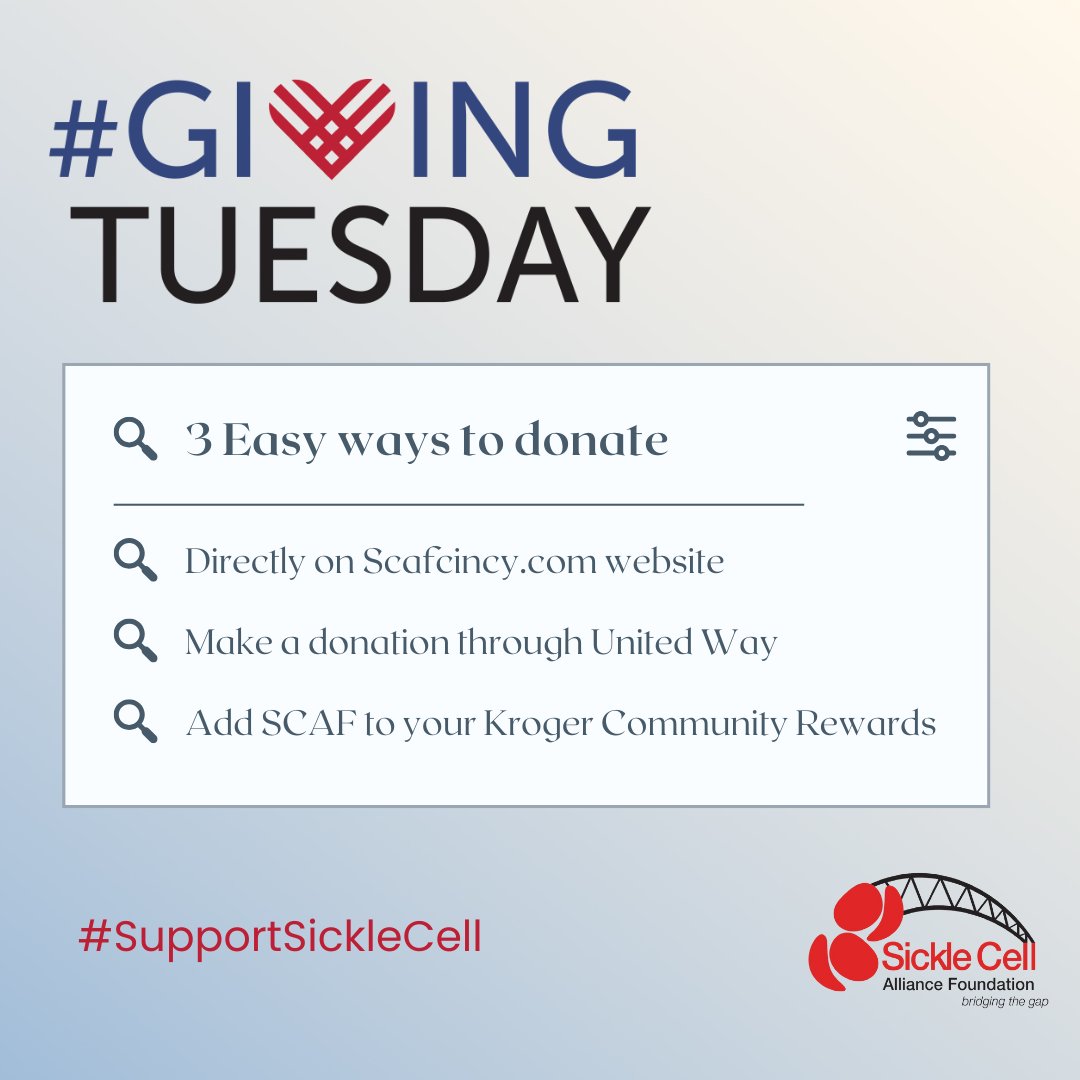 Together, we can make a difference by supporting the Sickle Cell Alliance Foundation in 3 simple ways
⁠⁠
Visit scafcincy.com to start giving today!⁠
⁠
#SickleCellStrong #SupportWarriors #YearRoundGiving #KrogerCommunityRewards #UnitedWay #DonateToday #ScafCincy