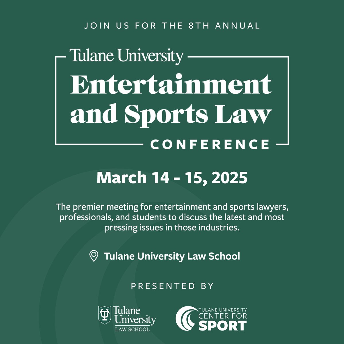 The 2025 Tulane Entertainment &amp; #SportsLaw Conference dates are set! ⚖️

Join us March 14-15th at <a href="/TulaneLaw/">@TulaneLaw</a> for discussions on the changes reshaping sports, media &amp; entertainment with the most influential lawyers &amp; executives in the industries ➡️ bit.ly/4cK3Yp8