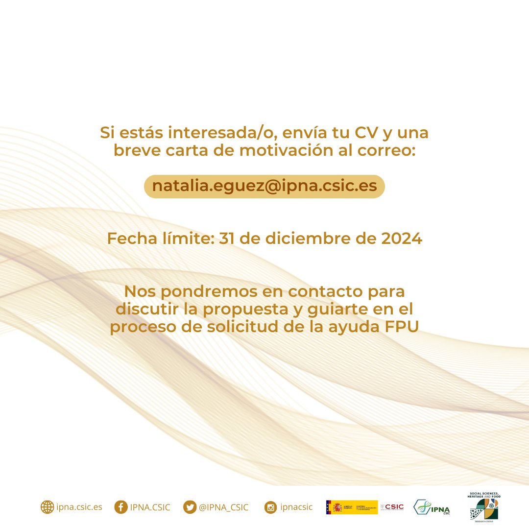 ¿Te apasiona la #arqueología? ¿Quieres desarrollar tu doctorado en el #IPNA? ¿Reúnes los requisitos para una #beca FPU?

En el grupo de Ciencias Sociales, Patrimonio y Alimentación les gustaría conocerte y guiarte en el proceso de solicitud. ¿Te animas? ☺️