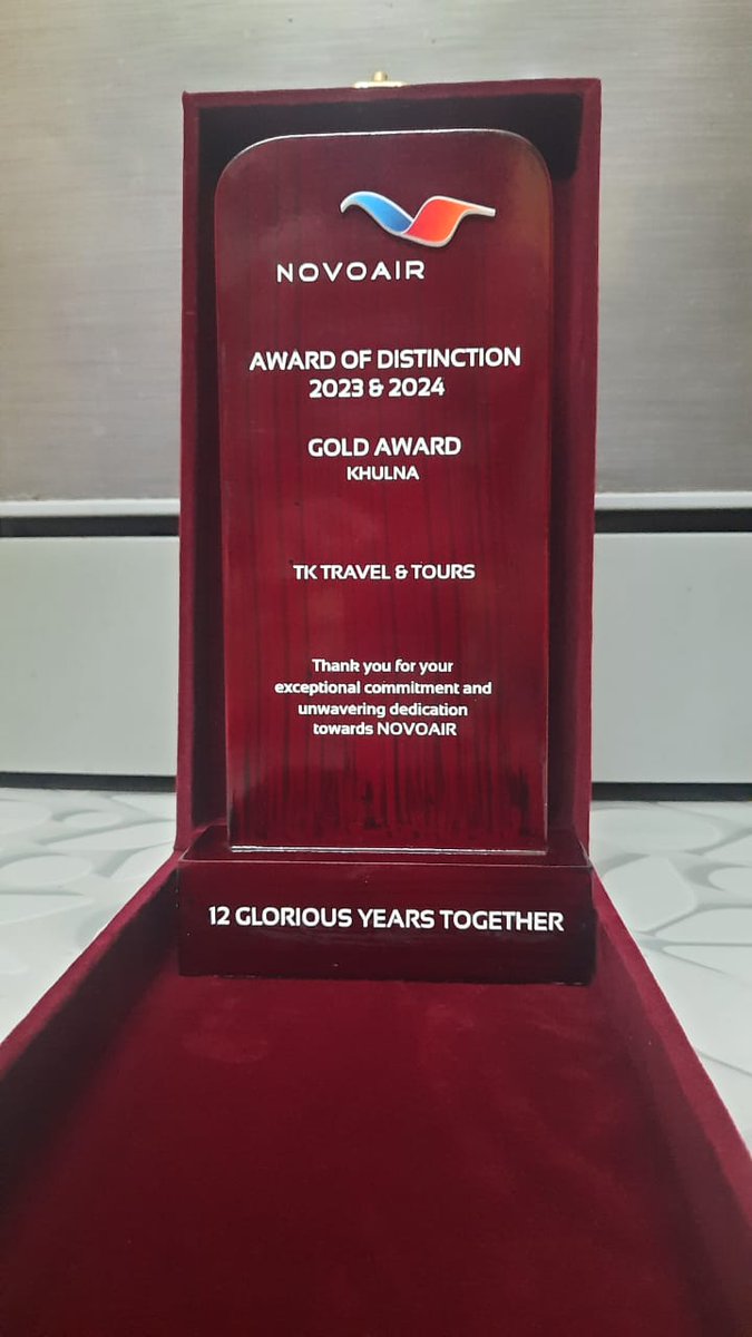 tktraveltours's tweet image. We are grateful to have received the honor "Gold Award" from “NOVOAIR AWARD OF DISTINCTION 2023 &amp;amp; 2024”. Thanks to everyone for trusting our commitment to service and reliability for the years.

#tktravelandtours #novoair #goldaward #Bangladesh #flight