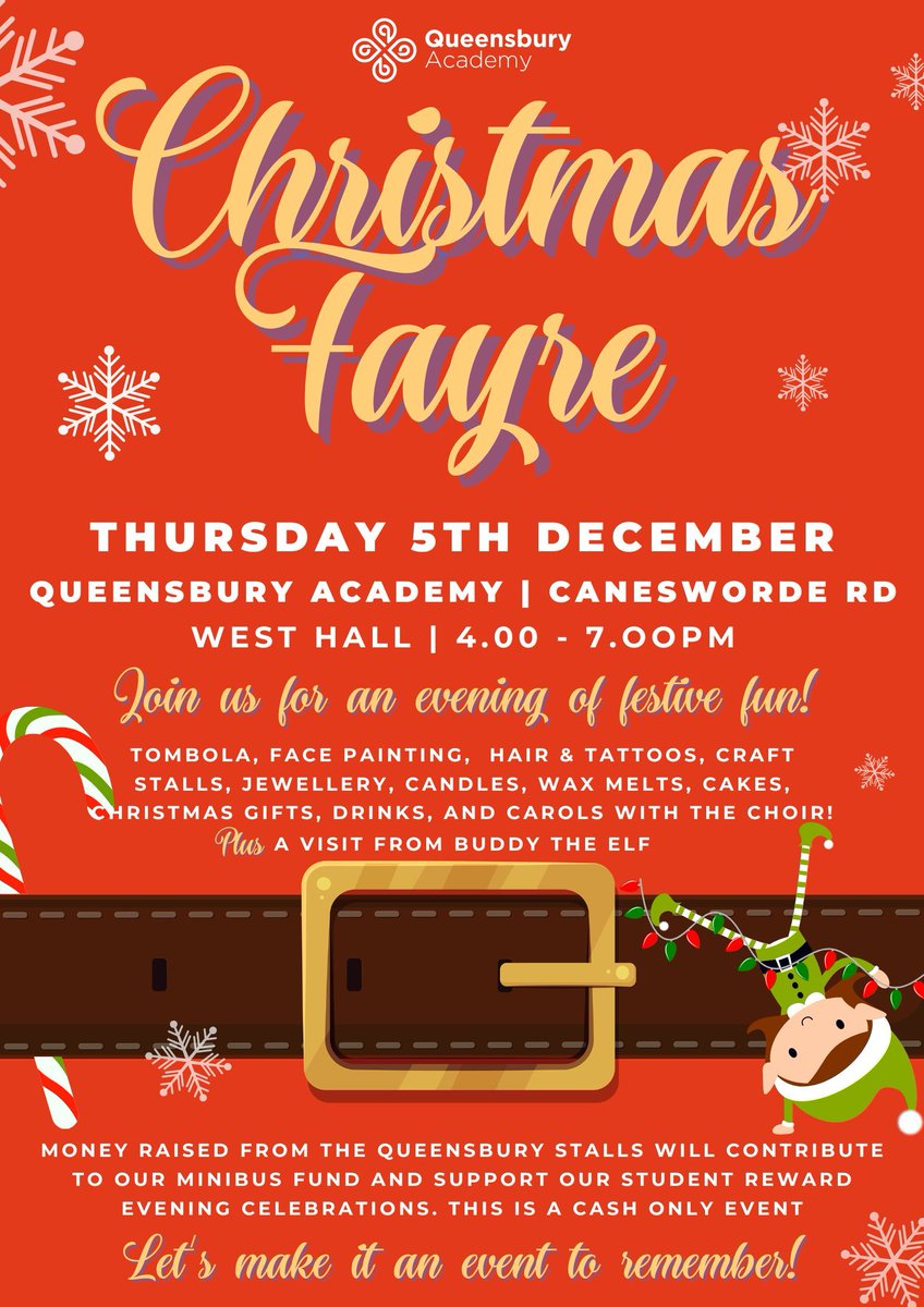 🎅 Reminder | Get into the holiday spirit at Queensbury’s Christmas Fayre! 📅 Thursday, 5th December | 4 - 7PM. Join us for an evening of festive fun, crafts, Christmas gifts, delicious food &amp; drinks, carols, face painting and so much more! Perfect for all ages! #weCARE