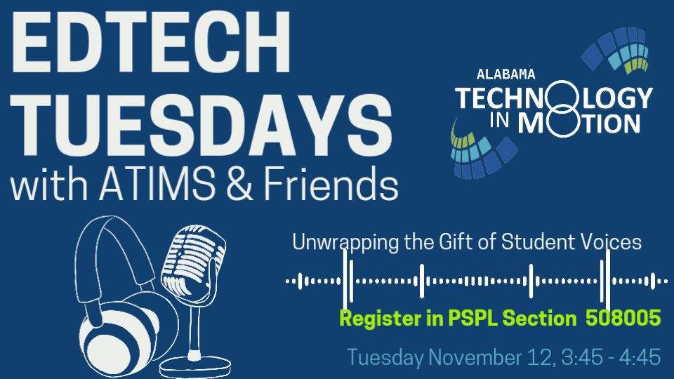 Pernell Allen (@uab_atim) on Twitter photo The next EdTech Tuesday is 12-10-2024. Join <a href="/TamsTechBytes/">Tambra Clark, Ed.S.</a> as she unwrap the gift of Student Voices! Join us as we explore how empowering students to share their perspectives can transform learning through podcasting. Register in PSPL: Section #508005 <a href="/ATIMPD02/">ATIMPD!</a> <a href="/ALSDEEdTech/">ALSDE Educational Technology</a> The next EdTech Tuesday is 12-10-2024. Join <a href="/TamsTechBytes/">Tambra Clark, Ed.S.</a> as she unwrap the gift of Student Voices! Join us as we explore how empowering students to share their perspectives can transform learning through podcasting. Register in PSPL: Section #508005 <a href="/ATIMPD02/">ATIMPD!</a> <a href="/ALSDEEdTech/">ALSDE Educational Technology</a>