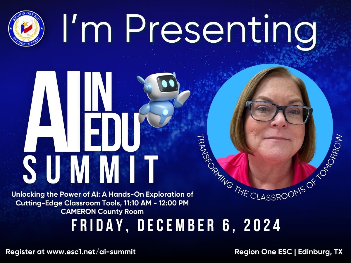 Debbie Pingel (@dpingel) on Twitter photo Excited to be presenting at the AI In Ed Summit with Jonathan Chapa-Trigo, teacher of the year at Reed Mock Elem. <a href="/PSJAISD/">PSJA ISD</a> <a href="/RegionOneESC/">Region One ESC</a> <a href="/ESC1_LRI/">Region One InsTech</a> #MEGAbyte #R1AIinEdu #PSJAtech Excited to be presenting at the AI In Ed Summit with Jonathan Chapa-Trigo, teacher of the year at Reed Mock Elem. <a href="/PSJAISD/">PSJA ISD</a> <a href="/RegionOneESC/">Region One ESC</a> <a href="/ESC1_LRI/">Region One InsTech</a> #MEGAbyte #R1AIinEdu #PSJAtech