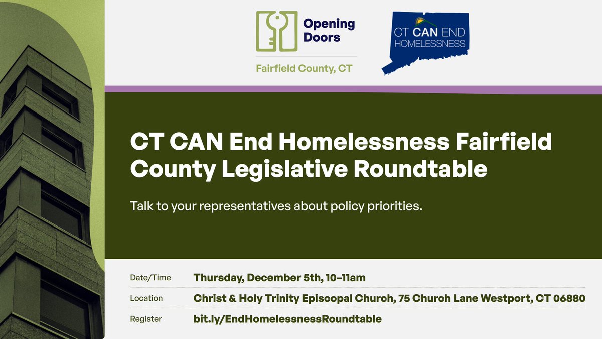 The Housing Collective (@housingcoll) on Twitter photo As it gets colder outside we still don't have enough support & space for those experiencing homelessness in Fairfield County
Join us Thursday to discuss priorities for the homeless w/<a href="/senatorduff/">Senator Bob Duff, Majority Leader, Connecticut</a> <a href="/ccsqrd/">Ceci Maher</a> <a href="/dominiqueforct/">Dominique Johnson</a> & others
📌 bit.ly/EndHomelessnes… As it gets colder outside we still don't have enough support & space for those experiencing homelessness in Fairfield County
Join us Thursday to discuss priorities for the homeless w/<a href="/senatorduff/">Senator Bob Duff, Majority Leader, Connecticut</a> <a href="/ccsqrd/">Ceci Maher</a> <a href="/dominiqueforct/">Dominique Johnson</a> & others
📌 bit.ly/EndHomelessnes…
