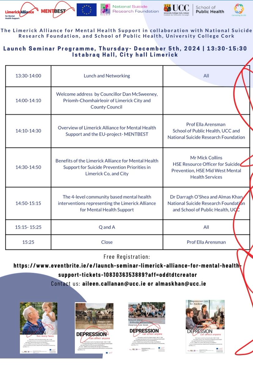 We are happy to share the programme for the Launch Seminar of the Limerick Alliance for Mental Health Support on Thursday 5th December 2024 in City Hall, Limerick city. 

Register your attendance here : lnkd.in/dQ8QiXrc

Please consider sharing among your networks.