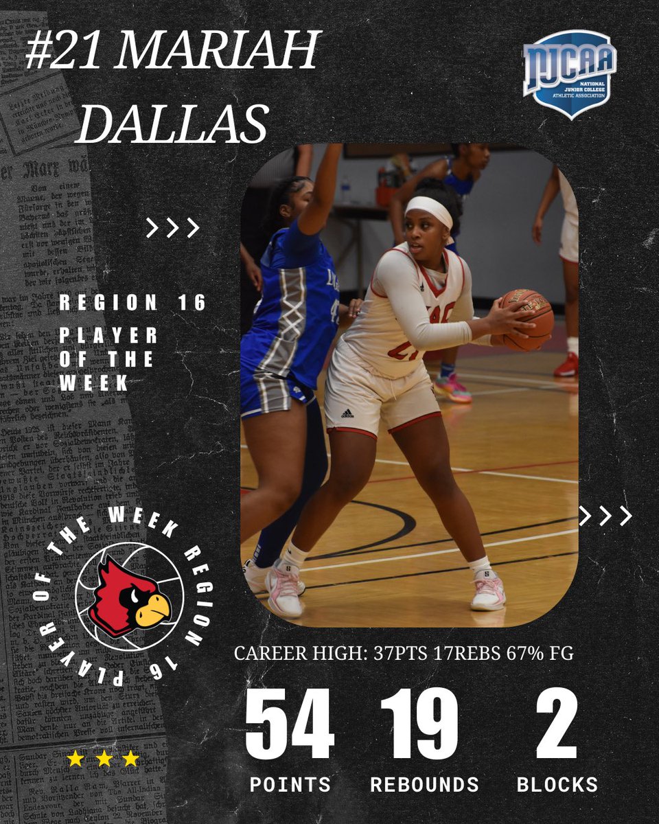 cardswomenbball's tweet photo. You’re looking at your Region 16 Player of the Week!
Mariah had a dominating performance vs Vincennes with 37 pts 17 rebs &amp; shooting 67% from the field &amp; 82% from the free throw line! 

Congratulations Mariah Dallas! https://t.co/Goh7leYqWf