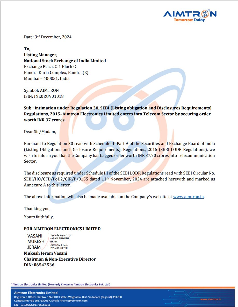 BaateinStockKi's tweet image. 🚀 Ashish Kacholia's latest winner: Aimtron Electronics Ltd, a multibagger EDSM stock, has secured a major order worth INR 37.70 crores in the Telecom sector! 🌐📈 With big moves in Telecom and AI, this stock is set for growth! #AimtronElectronics #AshishKacholia #Multibagger