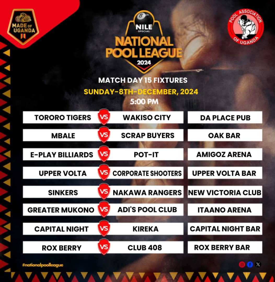 pooluganda's tweet image. @NileSpecial National Pool LEAGUE FIXTURES FOR THIS SUNDAY
✍🏾 This weekend will mark the end of first half matches as we enter the league break.
@NBSportUg @ntvuganda @senelvis @NCSUganda1 @AdongSarah5 @BrianKawalya1 @busuulwajona @JanetMuseveni @abrian80