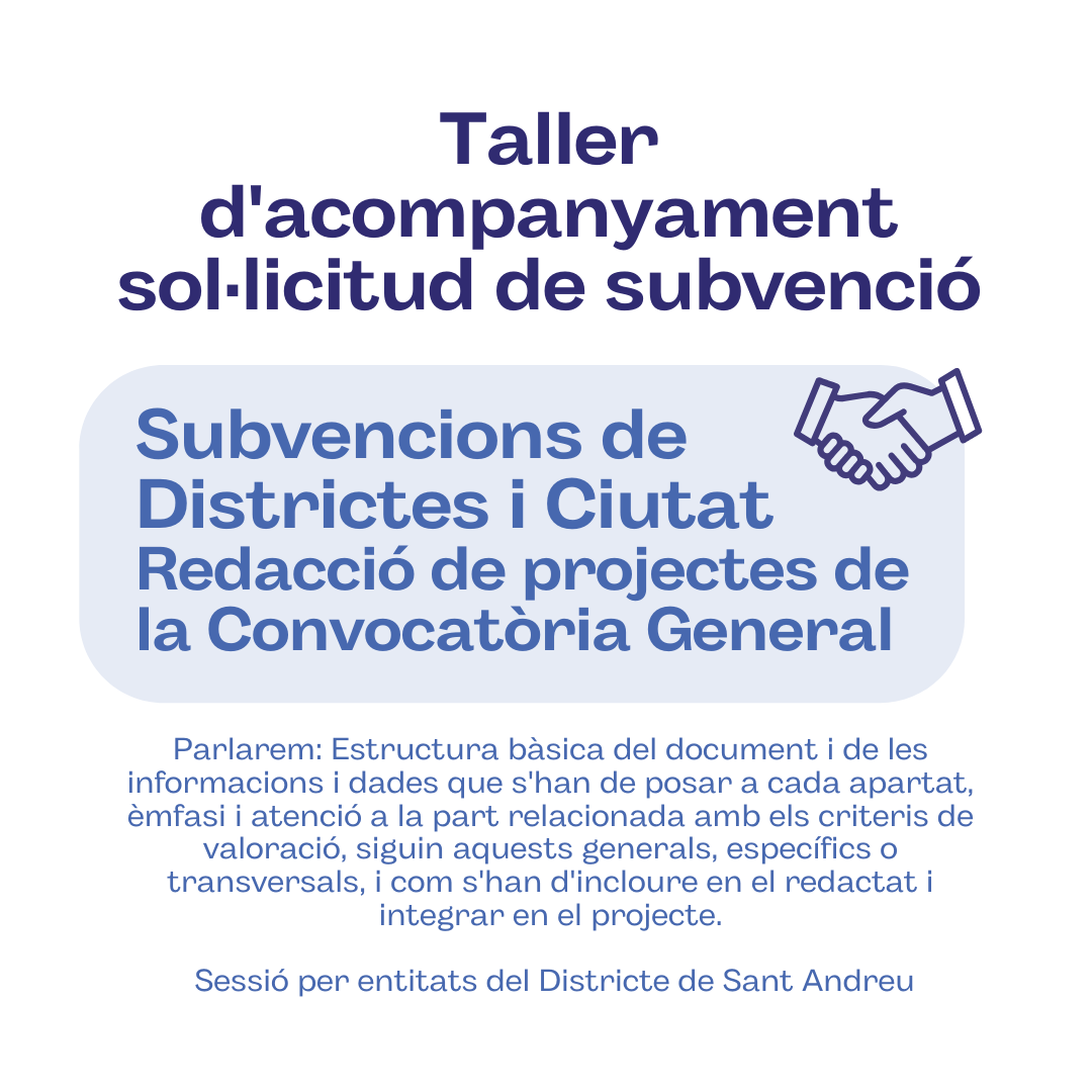Nova acció des del #FemXarxa Taller per entitats del districte <a href="/BCN_SantAndreu/">BCN_SantAndreu</a> 

👉Redacció del projecte de la Convocatòria General de Subvencions
🗓️12/12 de 18:00 a 19:30 h
📍<a href="/CCTrinitatVella/">CC Trinitat Vella</a>
✍️Inscripció hola<a href="/properess/">Comunalitat ProperESS</a>.cat
👥🤝@properess <a href="/tjussana/">Torre Jussana</a>  

No us la perdeu!
