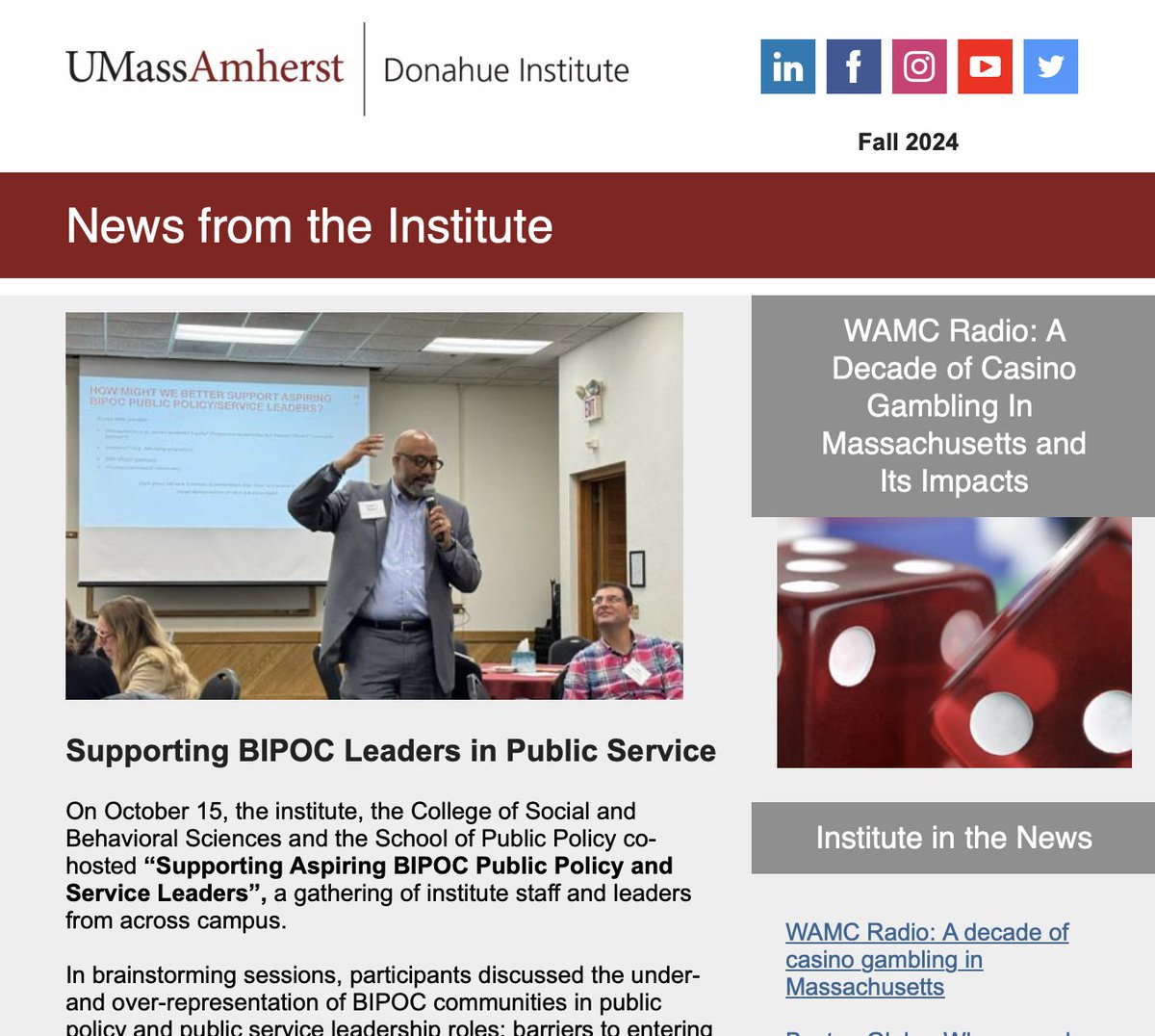 UMASSDonahue's tweet image. The Fall 2024 newsletter is out, covering BIPOC leaders in public service, @CivicInitiative returns to Pakistan, the Boston Marathon&apos;s economic impact and #MassBenchmarks reports on the Mass. economy. conta.cc/4il5At5