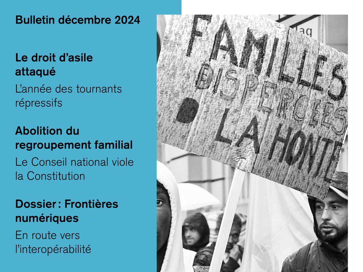 Le bulletin de décembre de Sosf est consacré aux attaques actuelles  contre le droit d'asile, en Suisse comme en Europe. En outre, dans un  dossier sur les frontières numériques, nous critiquons l'extension des  bases de données biométriques: sosf.ch/fr/fr/publicat…
