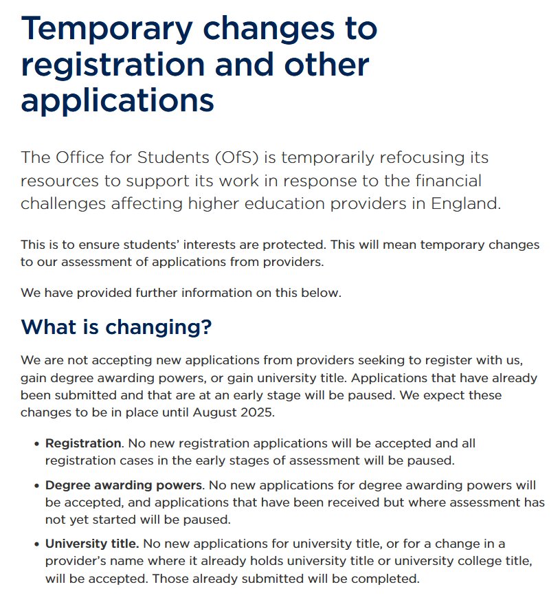 NeilDotObrien's tweet photo. This announcement by the OFS raises many issues:
- Universities currently having to pay others to accredit degrees will have to keep paying up - often very large sums.
- Blow for new entrants
- If OfS don't have capacity to do such a core function what else is going to give? https://t.co/JRIpvYW0gb