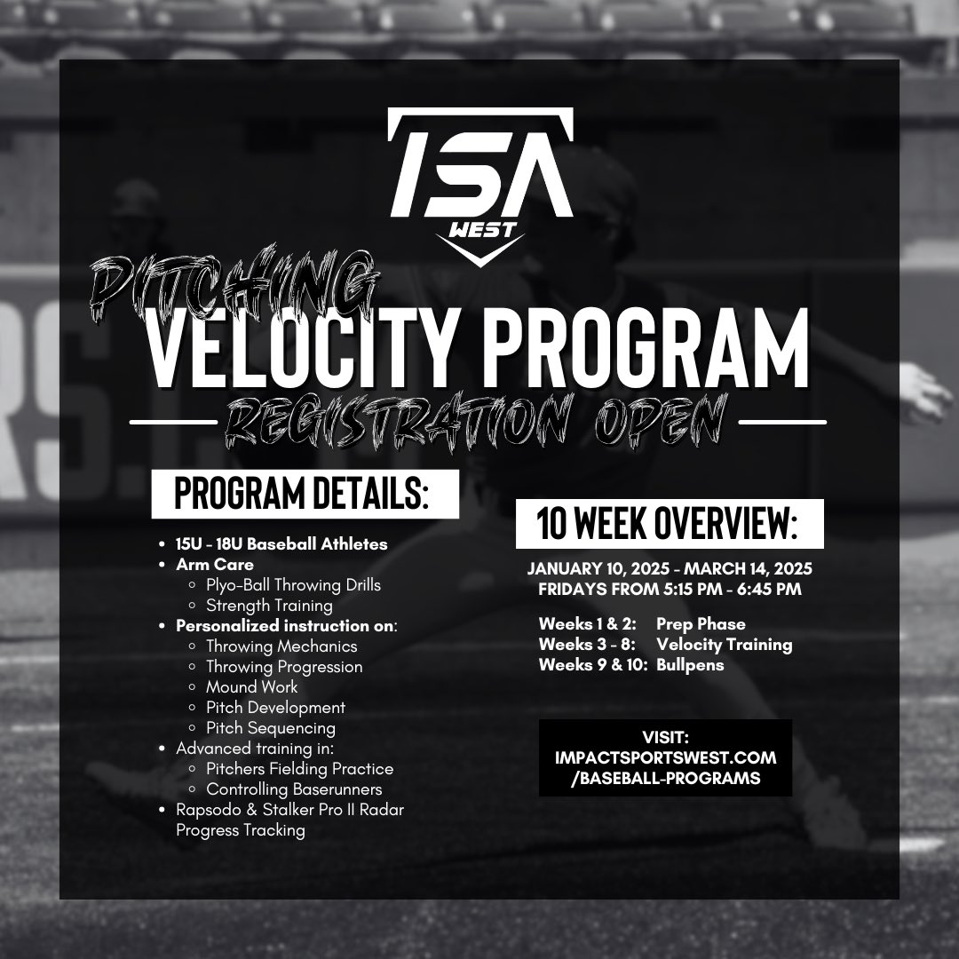 ImpactSportsW's tweet image. 🚨Winter Pitching Velo Program🚨

Our elite 10 week pitching program is now LIVE for registration on our website!⚾️ 

Accelerate your game and enroll today by visiting impactsportswest.com/baseball-progr…

#makeanimpact #pitchingtraining