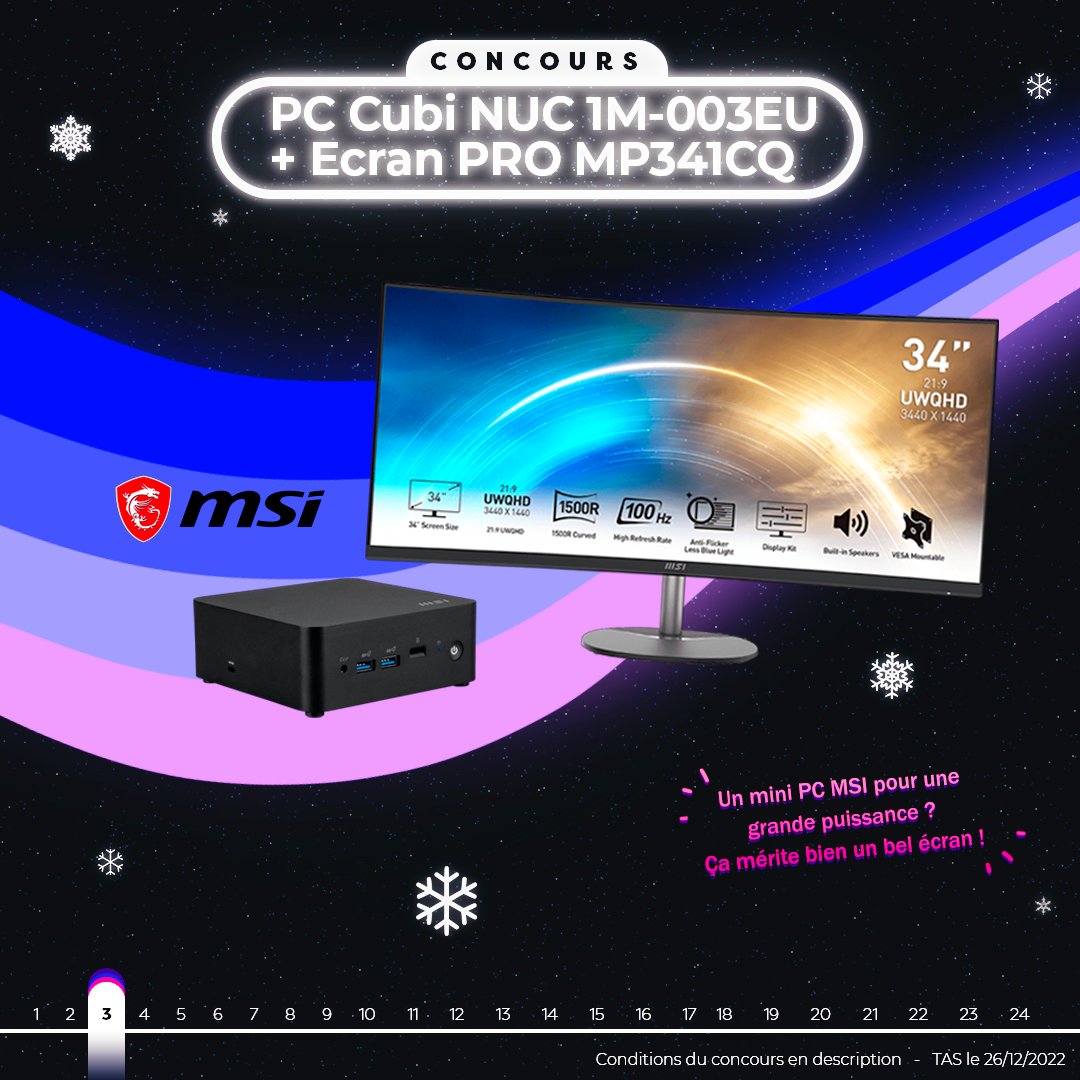 #CONCOURS JOUR 3 🎅
Gagnez un PC Cubi NUC 1M-003EU et un écran PRO MP341CQ 🖥️

Pour participer :
1️⃣ Tweet #FrandroidOffreMoi + un Cubi NUC 1M-003EU et un écran PRO MP341CQ
2️⃣ RT + Like
3️⃣ Follow <a href="/Frandroid/">Frandroid</a> + <a href="/msifrance/">MSI France</a>