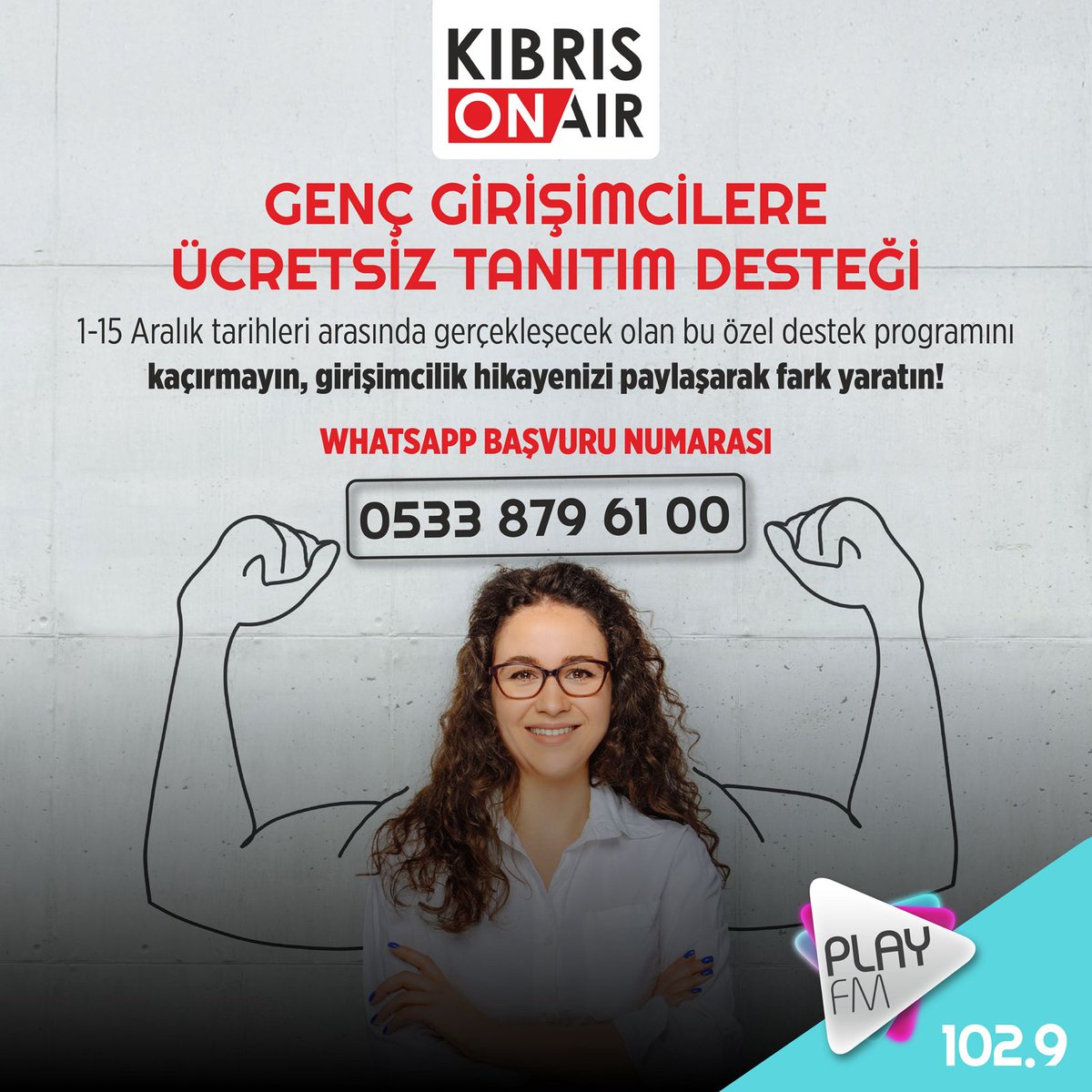 Tanıtım desteği kapsamında genç girişimciler Play Fm' de yayınlanacak özel programda işletmelerini anlatma imkanı olacak.

Başvuru detayları facebook.com/KibrisOnAir sayfasında.