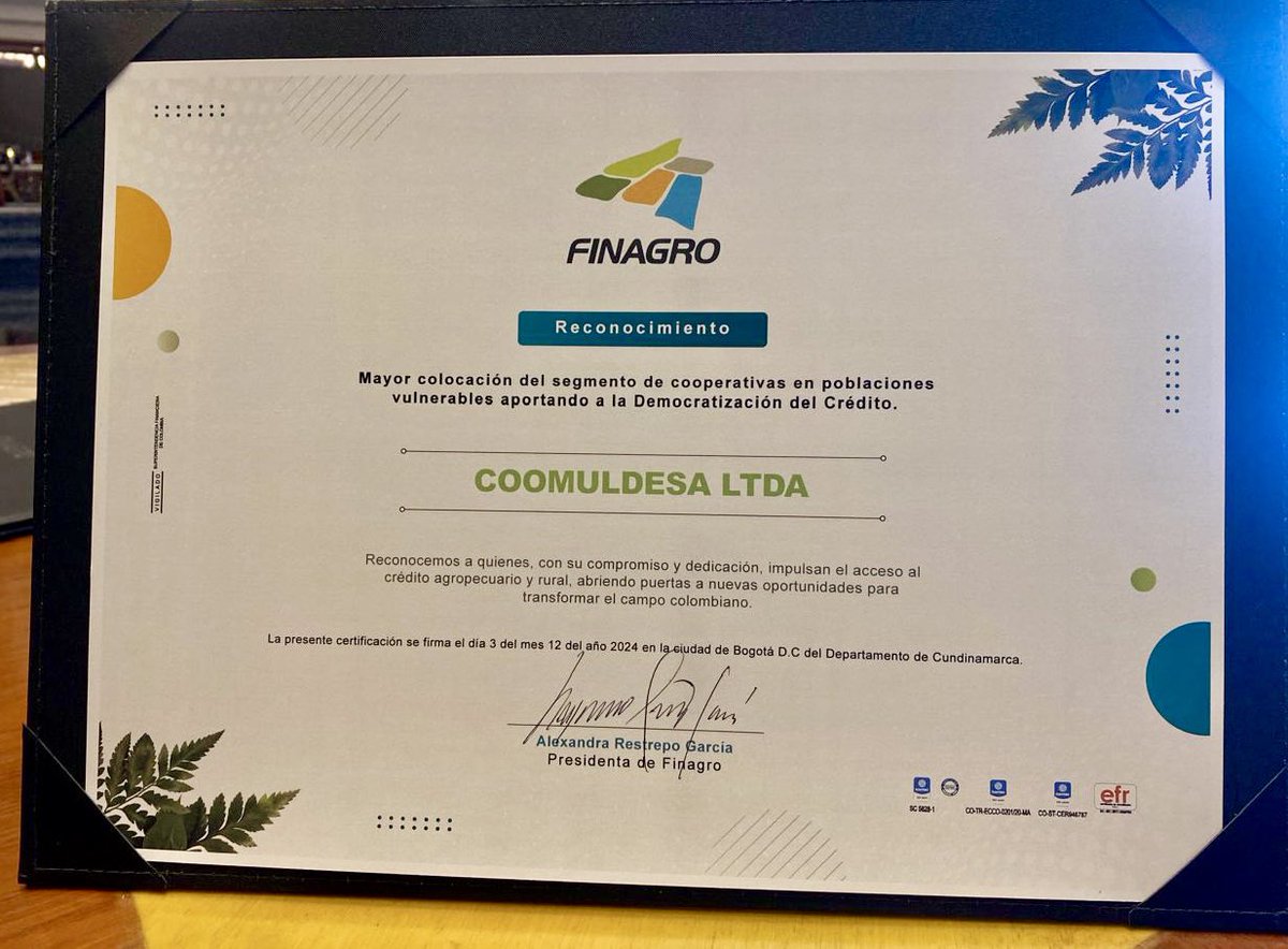 Coomuldesa's tweet photo. En este momento, se lleva a cabo la entrega de los Premios @Finagro 2024, y nos enorgullece anunciar que #Coomuldesa ha obtenido dos reconocimientos destacados.

Estos logros reflejan nuestro compromiso con el desarrollo de las comunidades y el apoyo al agro.🌱🌾 https://t.co/BRSZysR46L