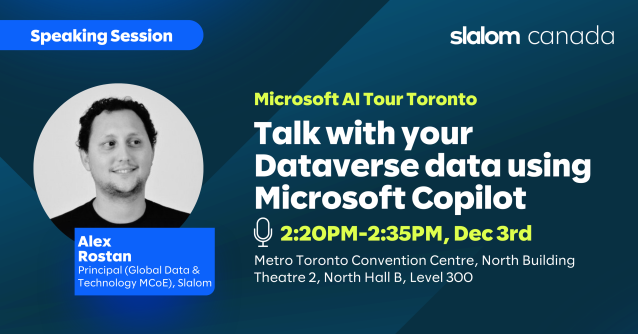 Mark_E_Andersen's tweet photo. Heading to Microsoft AI Tour in Toronto today? Join Slalom’s Alex Rostan at 2:20PM in Theatre 2, North Hall B, for a session on how to talk with your Dataverse data using Microsoft Copilot! 🚀 Plus, check out our live AI avatars in action at the Slalom... https://t.co/fXrymSEBpo https://t.co/1yrVVuTc6N