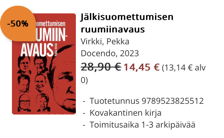 Virkki5's tweet image. Ihan sellaista ei ole tulossa, mutta muuta kylläkin.

Ja alkuperäistähän löytyy edelleen sekä suomeksi että viroksi, nyt myös alennetuin hinnoin @DocendonKirjat -verkkokaupasta. 👇

🇫🇮 docendo.fi/sivu/tuote/jal…

🇪🇪 healugu.ee/product/jarels…

#Kirjat
#Venäjä
#Ulpo
#Turpo