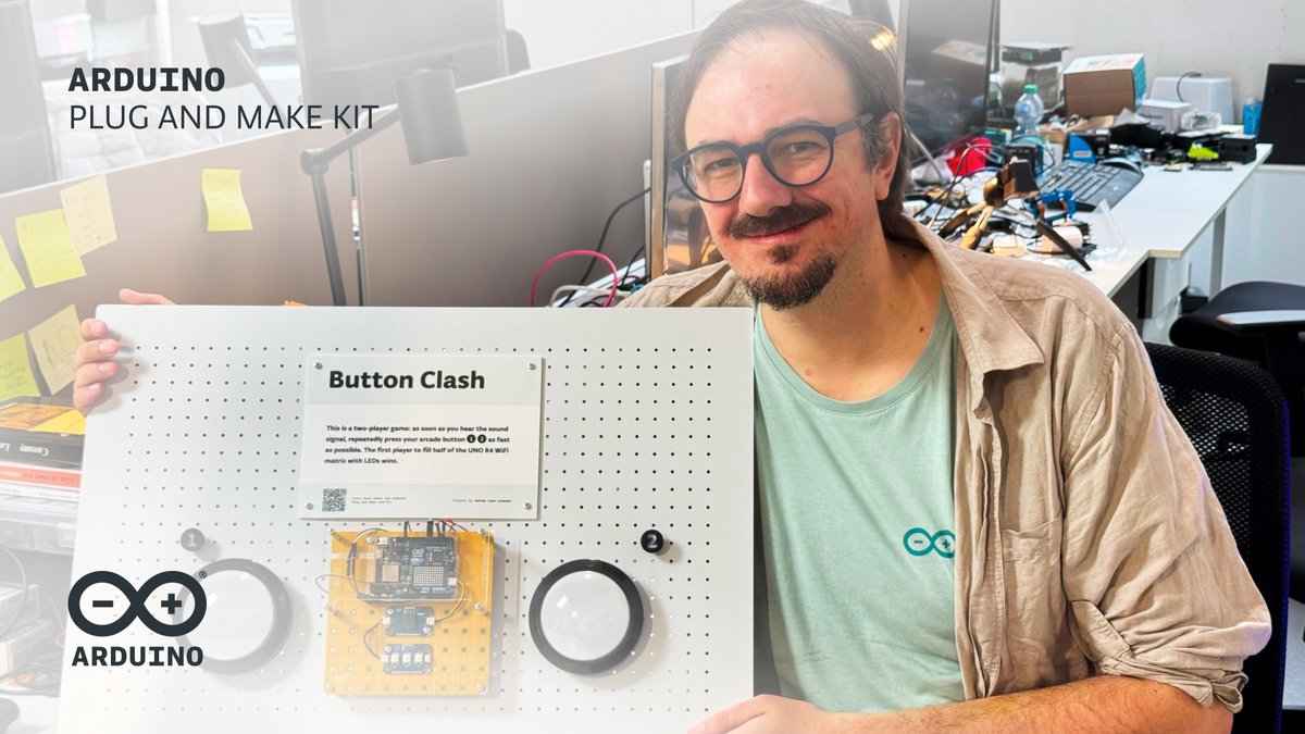 arduino's tweet photo. Built with the Arduino Plug and Make Kit, @jcarolinares' Button Clash is an exciting two-player game where the person who pushes their arcade button faster wins! https://t.co/ktXU7Aetxf https://t.co/2tBo8q2rXg