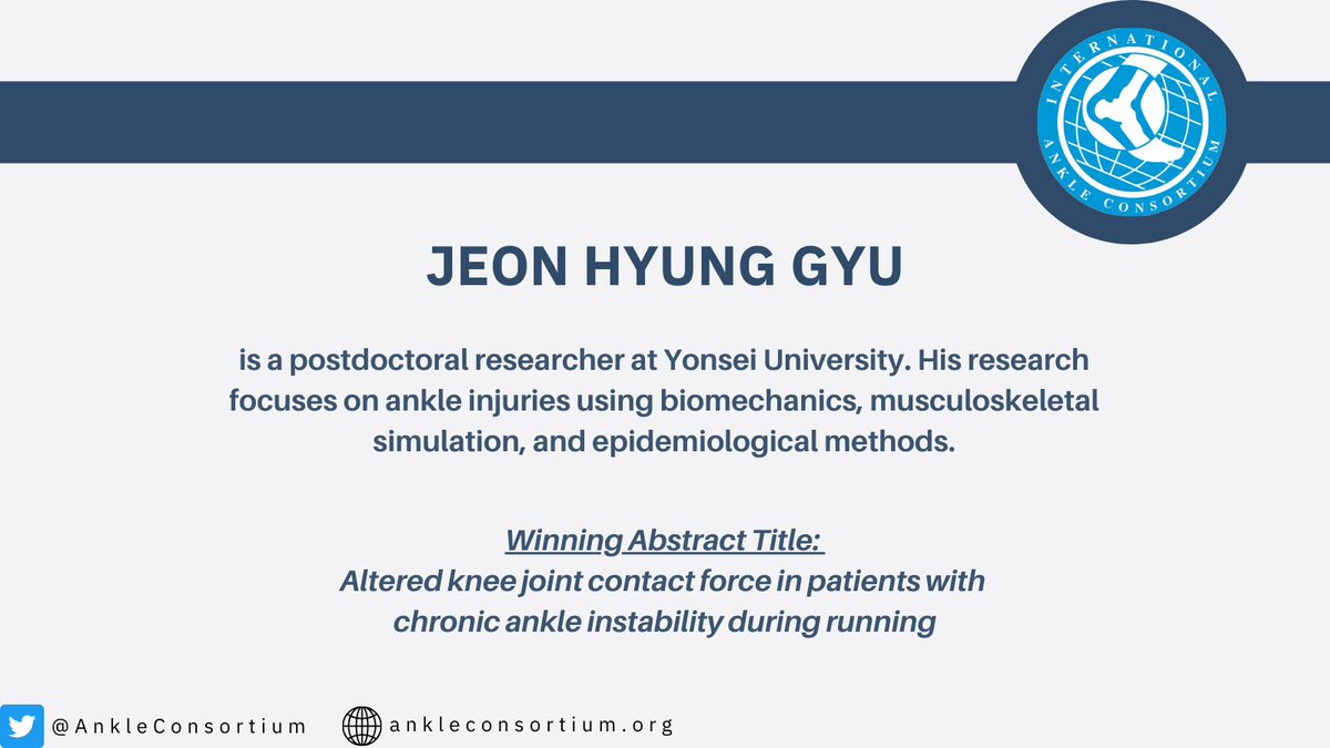 Int Ankle Consortium (@ankleconsortium) on Twitter photo ✨For the final month of 2024, we are delighted to highlight the Best Abstract Founder Award winner from the 10th International Ankle Symposium <a href="/IAS10_2024/">IAS10_2024</a>
The second recipient we congratulate is Jeon Hyung Gyu from Yonsei University in Seoul, South Korea. Well done, Jeon! 👏 ✨For the final month of 2024, we are delighted to highlight the Best Abstract Founder Award winner from the 10th International Ankle Symposium <a href="/IAS10_2024/">IAS10_2024</a>
The second recipient we congratulate is Jeon Hyung Gyu from Yonsei University in Seoul, South Korea. Well done, Jeon! 👏