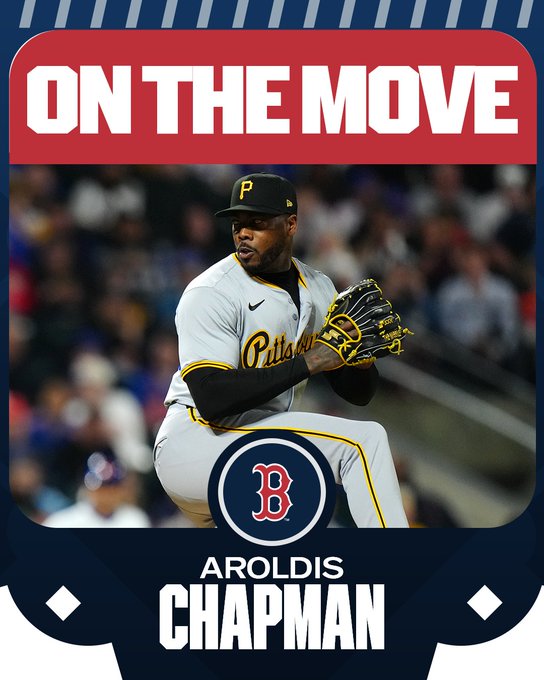 On The Move
Aroldis Chapman to the Boston Red Sox
Pictured: Chapman wearing a gray Pirates jersey and a black cap.