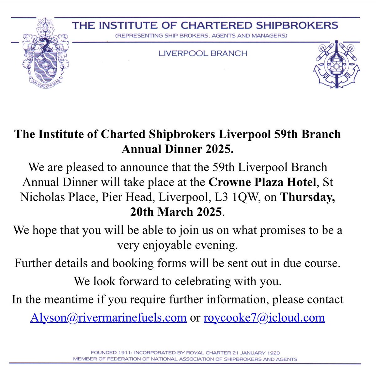 Date For Your Diary’s 
ICS Liverpool Branch Annual Dinner 2025! #shipping #shipbrokers #Transport