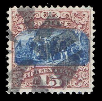 pinnaclestamps's tweet photo. Scott #118, 1869 15¢ Type 1 “Landing of Columbus” in brown &amp; blue w/ black cork cancel. Inspired by John Vanderlyn's painting of the same name. #philately #stampcollecting #postalhistory #rarestamps #classicstamps #hobby #collecting #history #art #beautiful https://t.co/Kl4GigOSh8