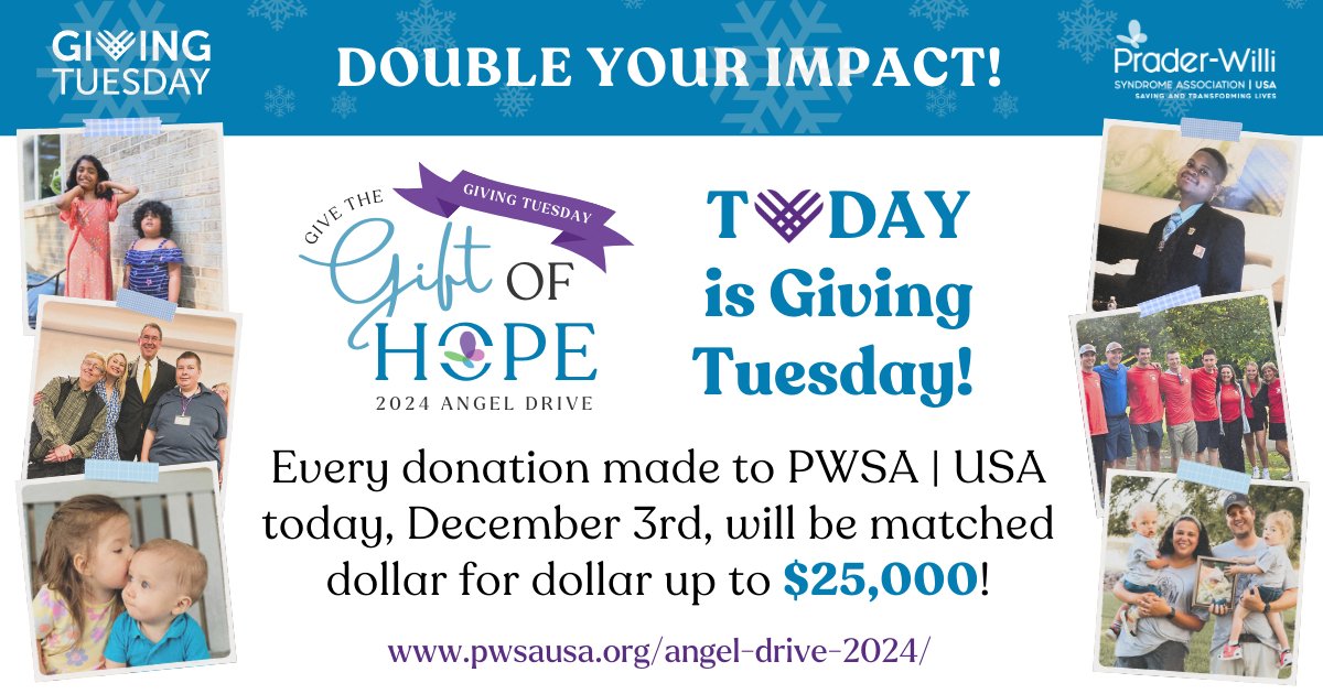 🎉 #GivingTuesday is here! Today only, your gift to PWSA | USA will be matched dollar for dollar up to $25,000, doubling the impact for families and individuals affected by Prader-Willi syndrome.
💙 Donate now: pwsausa.org/angel-drive-20…