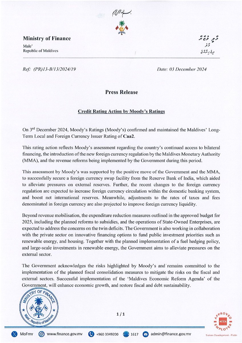 Moody’s Ratings confirmed and maintained the Maldives’ Long-Term Local and Foreign Currency Issuer Rating of Caa2.

This rating action reflects Moody’s assessment regarding the country’s continued access to bilateral financing, the introduction of the new foreign currency