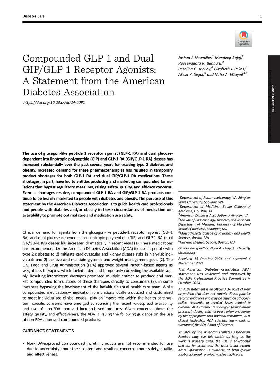 🚨 The ADA addresses safety concerns over compounded GLP-1 RA &amp; GIP/GLP-1 RA medications amid rising demand &amp; shortages. Guidance aims to ensure safe, effective care for people with #T2D &amp; #Obesity. Learn more: bit.ly/3ZxNRrb 

➡️ Check out the press release!