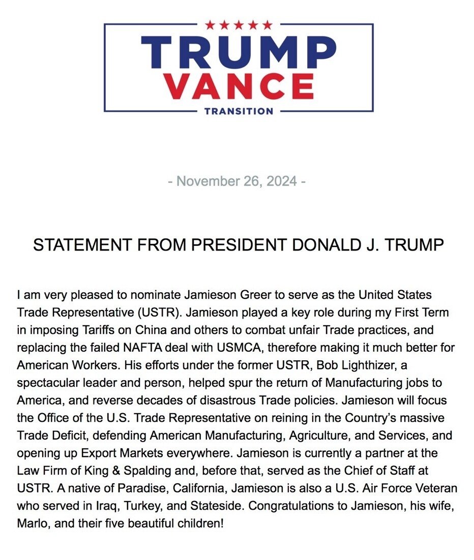 As U.S. Trade Representative, Jamieson Greer will provide the strength and accountability needed to enhance our nation’s trade policy and ensure future economic prosperity.