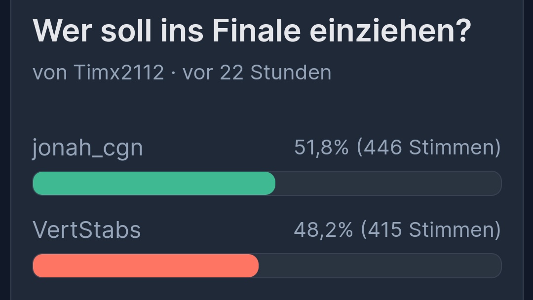 Für jeden Vote für mich bis 20:30 erstelle ich ein Meme über den Verein von jedem, der für mich stimmt. Also jetzt Voten und für ein Meme kommentieren ⬇️⬇️⬇️

strawpoll.com/7rnzVoDjanO