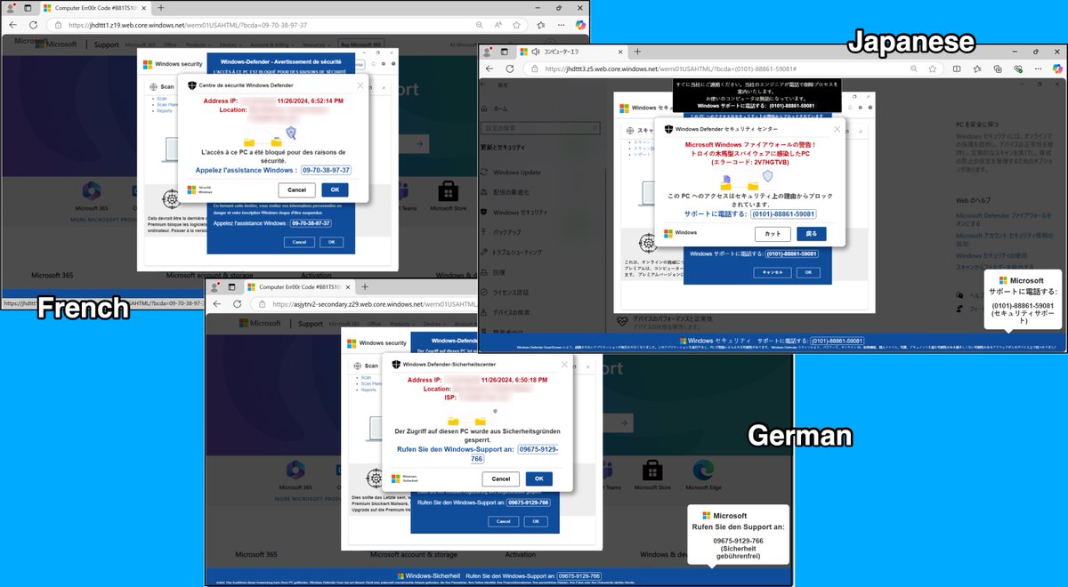 Unit42_Intel's tweet image. We&apos;ve observed a surge in #TechSupportScam activity, with the usual web.core[.]windows[.]net URLs &amp;amp; some new domains registered for these #scam sites. We saw an average of 30 daily hits in Aug 2024 rise to an average of 300 daily by November. More info at bit.ly/3VmYvOO