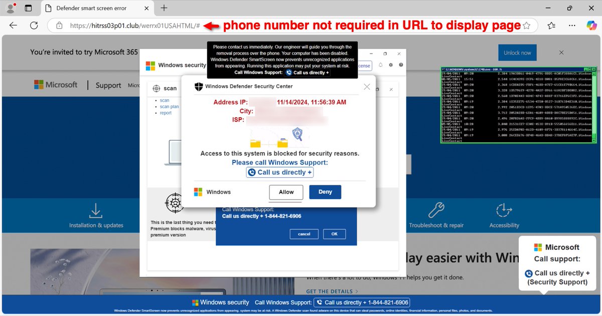 Unit42_Intel's tweet image. We&apos;ve observed a surge in #TechSupportScam activity, with the usual web.core[.]windows[.]net URLs &amp;amp; some new domains registered for these #scam sites. We saw an average of 30 daily hits in Aug 2024 rise to an average of 300 daily by November. More info at bit.ly/3VmYvOO