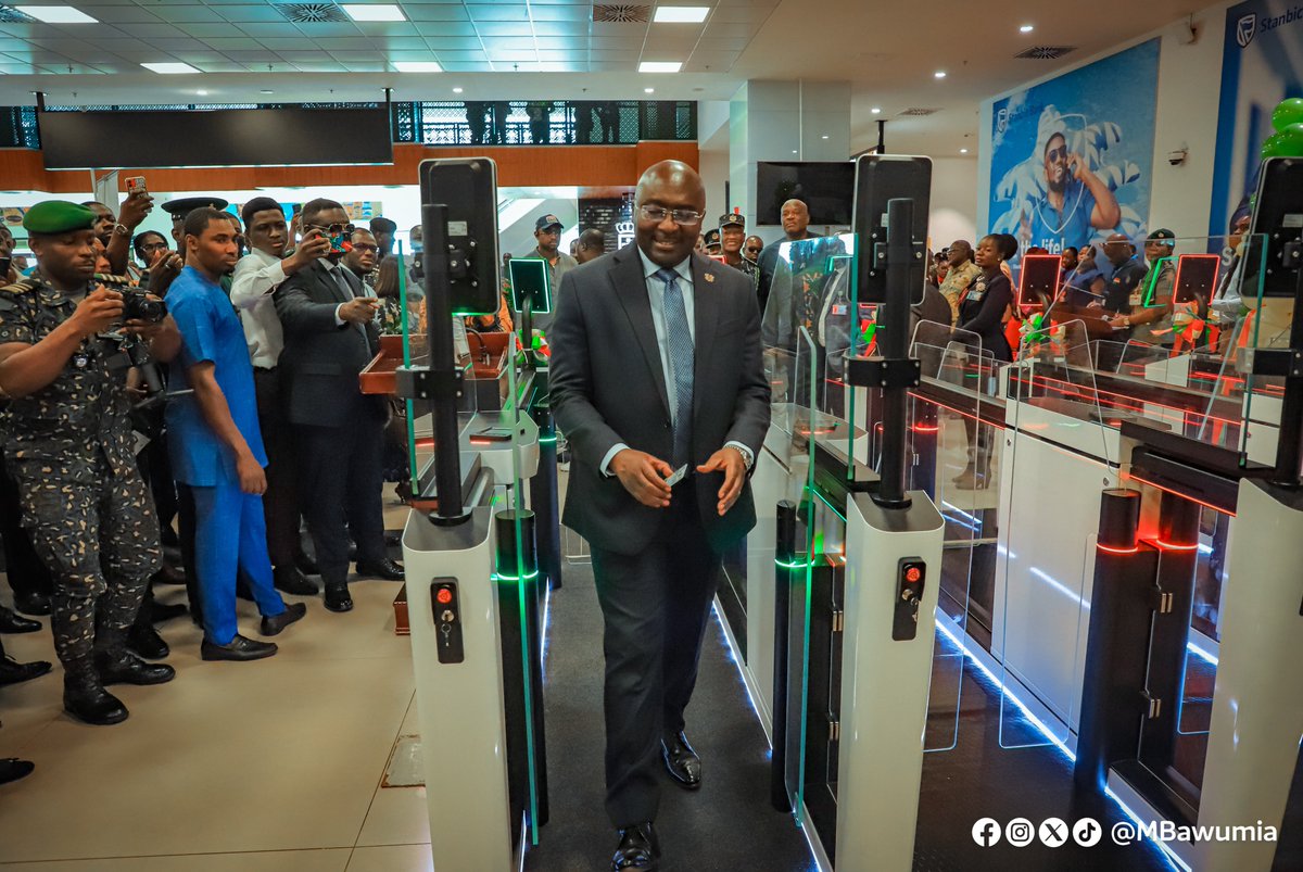 MBawumia's tweet photo. Ghana took another giant step in digital innovation when I launched the Digital Border Control System and e-gates at the Kotoka International Airport in Accra, earlier today. This world class system proudly Ghanaian designed, built and owned! 

The system, which leverages cutting-edge technologies, such as artificial intelligence, biometrics, and real-time data, will enable holders of the Ghanacard to swiftly go through designated e-gates, without  immigration officials, on arrival at the airport. Similarly, members of the diaspora, and foreign visitors can also use the e-gates by pre-registering biometric data and travel credentials.

The global travel landscape is evolving rapidly, with innovations such as biometric e-gates and Digital Travel Credentials becoming the new standard. 

Ghana has embraced these global advancements, integrating biometric verification and Digital Travel Credential technologies into a single platform. 

This dual capability positions Ghana as a pioneer in intelligent border control, aligning with global standards, while placing us ahead of many advanced nations.

I am excited that our country has, once again, demonstrated that it is possible to attain global standards through systems designed and built by Ghanaians.

Together, we will transform Ghana and make it better. It is possible!