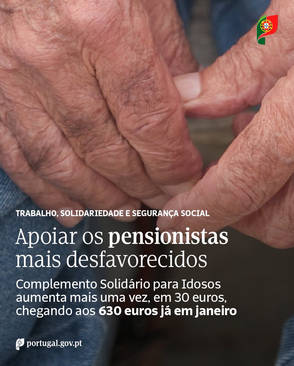 govpt's tweet image. Este é o segundo aumento do Complemento Solidário para Idosos, que em junho já tinha subido em 50 euros.
O #Governo reforça assim o apoio aos #idosos com #pensões mais baixas, estando comprometido com uma subida do #CSI para os 820 euros em 2028.