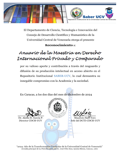 MDIPC_UCV's tweet photo. Nos complace informar que el Departamento de Ciencia, Tecnología e Innovación del @CDCHUCV otorgó el día de ayer un reconocimiento al Anuario de la Maestría en Derecho Internacional Privado y Comparado #MDIPC #AMDIPC #CDCHUCV https://t.co/1Arjp076YX