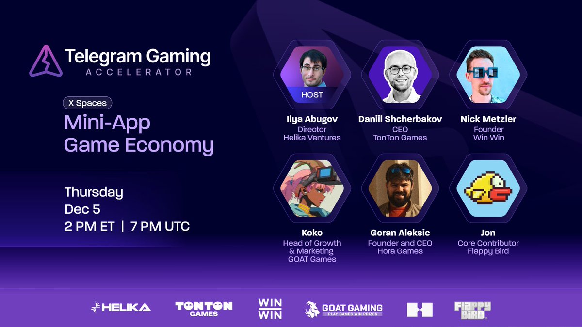 How do you optimize your game’s economy in the Mini-App ecosystem?
Join us for the Helika TGA Space on "Mini-App Game Economy"
🗓️ Date: Thursday, 5th December

⏰ Time: 2 PM ET / 7 PM UTC

📍 Set a Reminder on X: x.com/i/spaces/1dRKZ…

🎙️ Speakers:

• Daniil Shcherbakov CEO at