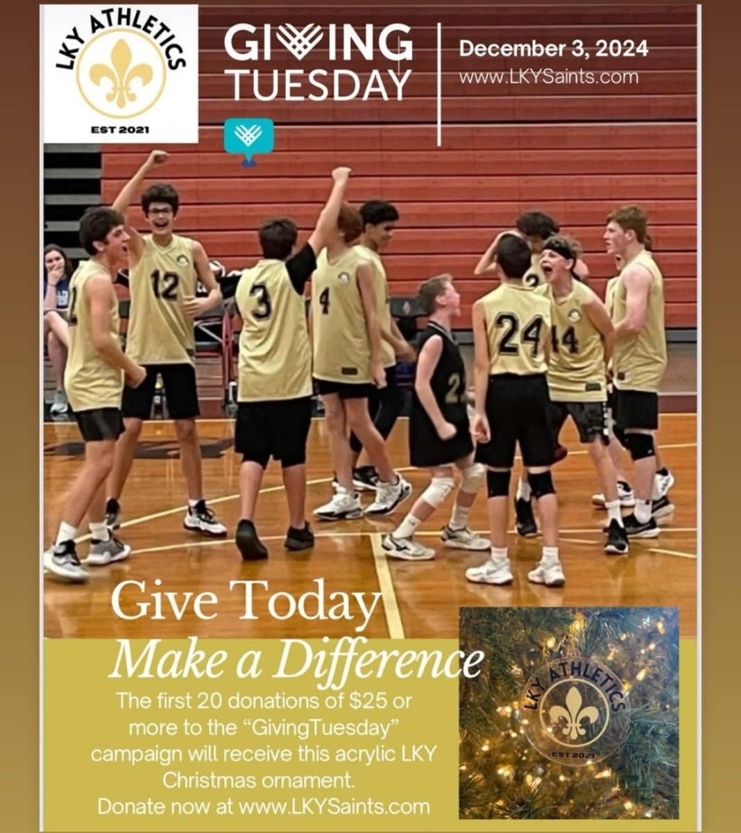 Show your support for the LKY Saints on Tuesday, December 3rd, 2024!

The first 20 donations of $25 or more to the “GivingTuesday” campaign will receive an acrylic LKY Christmas ornament! 
Visit lkysaints.com to donate