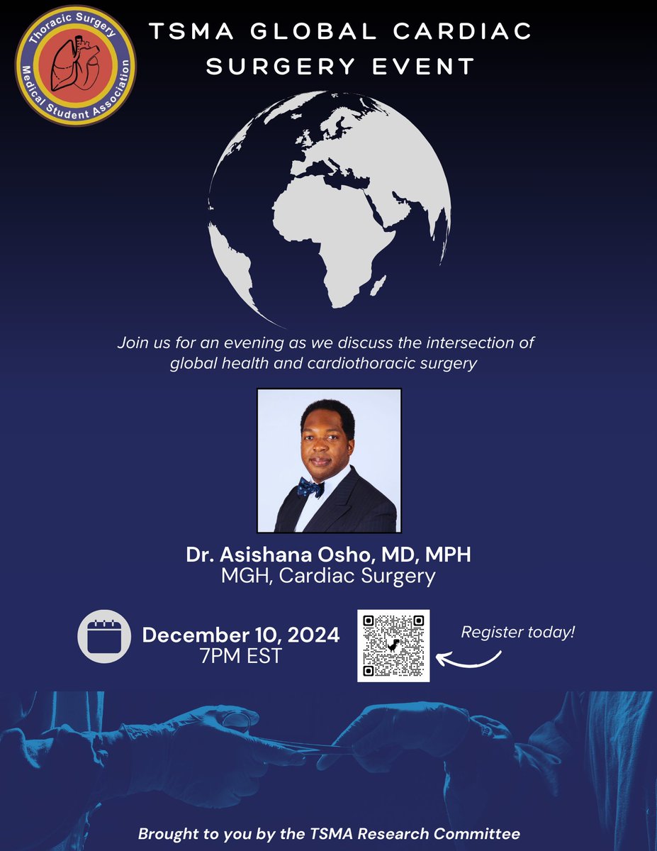 Join us for a Global Cardiac Surgery Event with <a href="/AsishanaOsho/">Asishana Osho, MD, MPH</a> <a href="/mghctsurgery/">MGH CT Surgery Residency Program</a> hosted by the TSMA Research Committee! 
<a href="/BuchwaldJuli/">Juli Buchwald</a> <a href="/AliceLiZhou/">Alice Zhou</a> <a href="/isaacofaith/">Isaac Faith</a> <a href="/BusraCangutMD/">Busra Cangut, MD, MS</a> &amp; Jack F. Donaghue