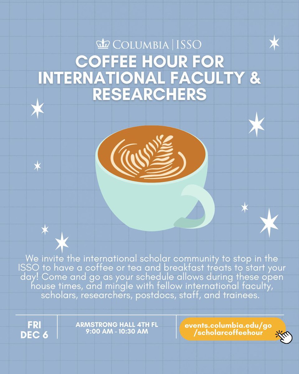 Start your day with coffee &amp; connection! Join us for a relaxed morning with fellow international scholars, faculty, and researchers. Drop in as your schedule allows! 😊

buff.ly/3CLYD4h