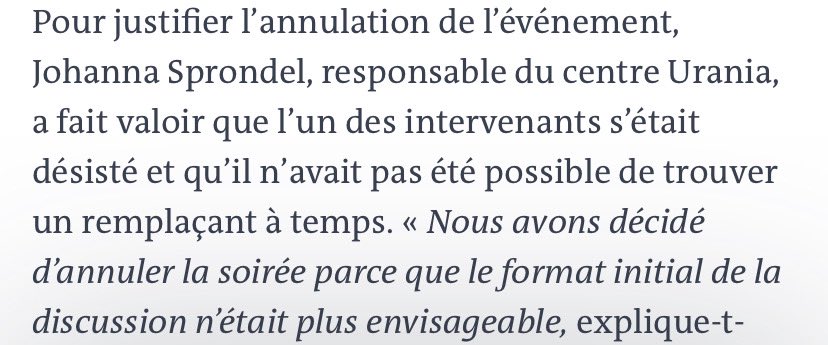 Il s'agirait de lire... Aucune "interdiction", mais une "annulation" parce qu'un débatteur (Écolo, comme stipulé) s'est désisté.
