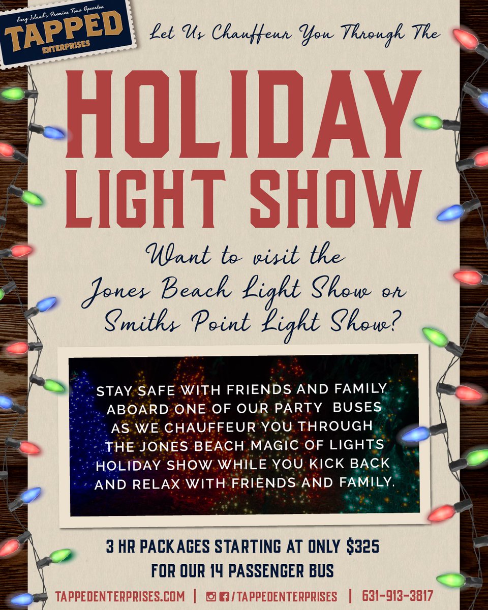 TappedEnt's tweet image. Christmas is this month, you know what that means… Jones Beach Lightshow! 🎄 Book Tapped today. 631.913.3817