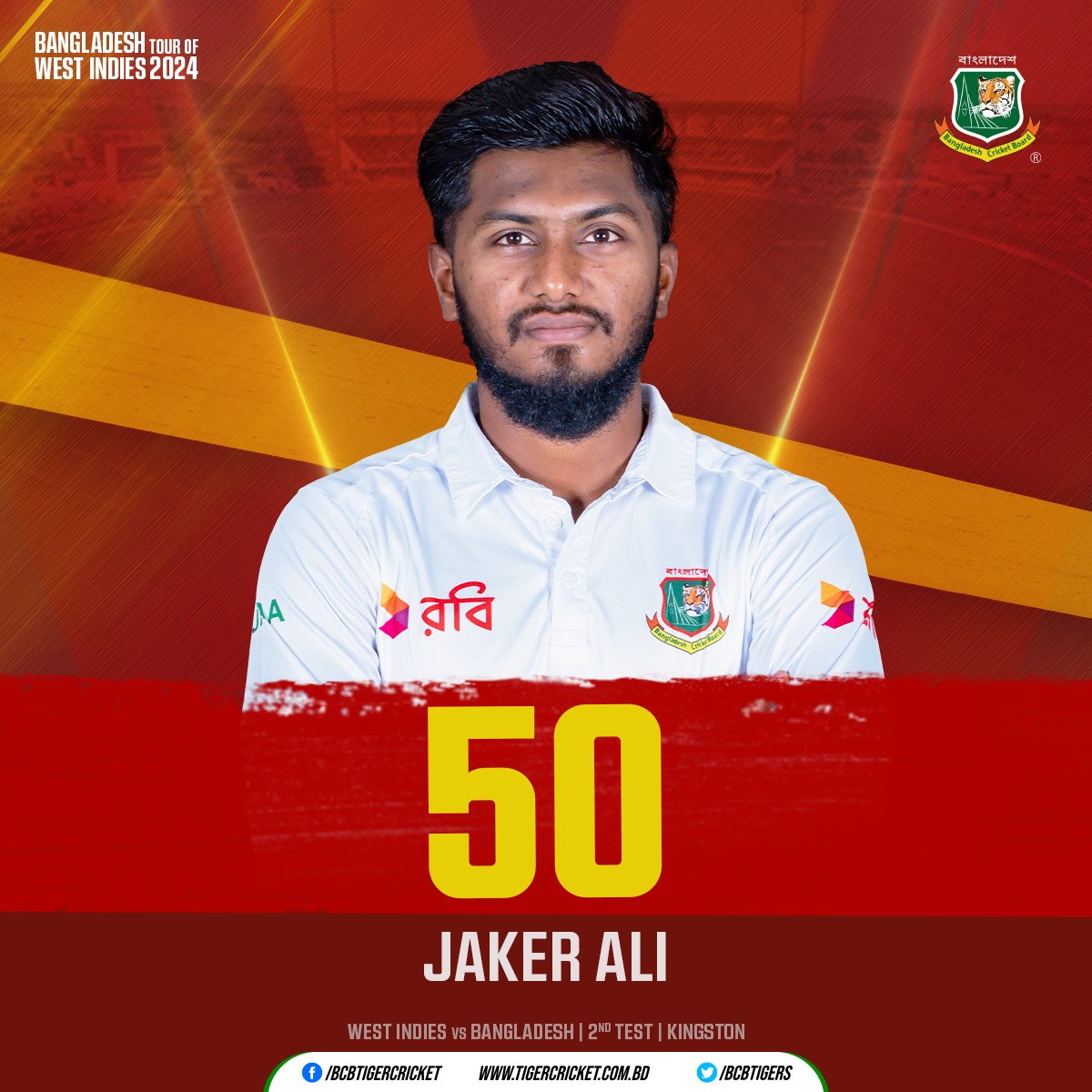 BCBtigers's tweet photo. Jaker Ali's Crucial Fifty! 🏏
Third Test fifty for Jaker Ali, and it couldn’t have come at a better time.

#BCB #Cricket #Bangladesh #WIvBAN #WTC25 https://t.co/099HxkBVJL